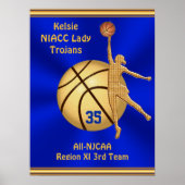 Blue and Gold Girls Basketball Poster, JOUW TEKST Poster (Voorkant)