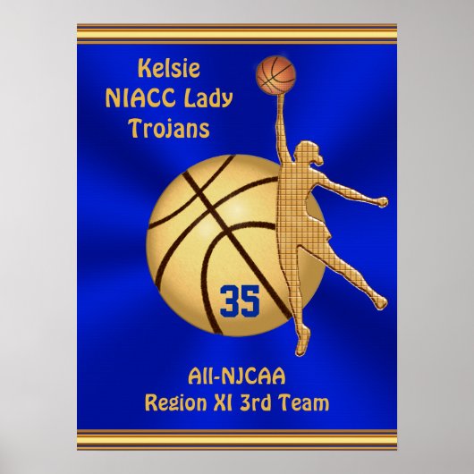 Blue and Gold Girls Basketball Poster, JOUW TEKST Poster (Voorkant)
