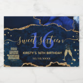 Blue and Gold Glitter Agate Marble Sweet 16 Sparkling Wijnetiket (Enkel label)