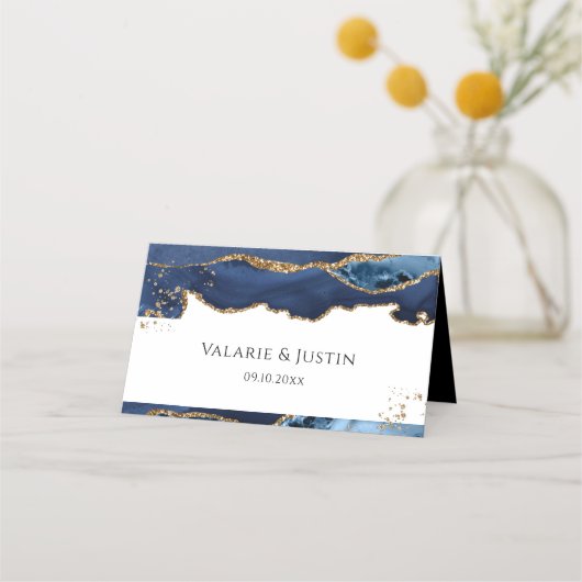 Blue and Gold Glitter Agate Wedding Place Card Plaatskaartje (Voorkant)