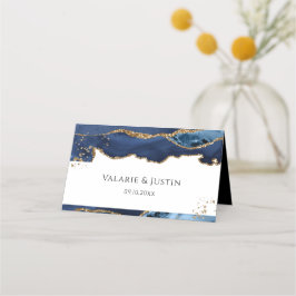 Blue and Gold Glitter Agate Wedding Place Card Plaatskaartje