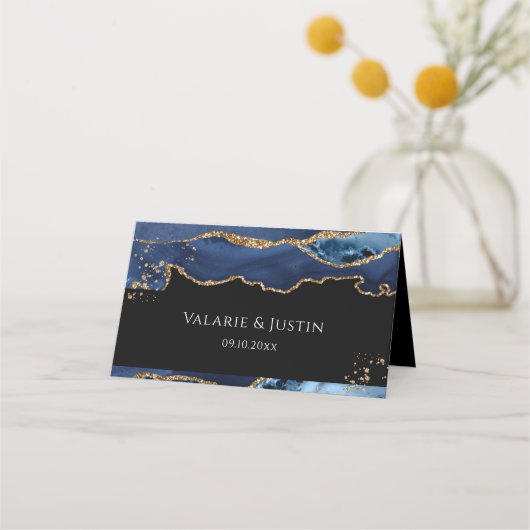 Blue and Gold Glitter Agate Wedding Place Card Plaatskaartje (Voorkant)