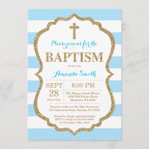 Blue and Gold Glitter Baptism Invitation Kaart