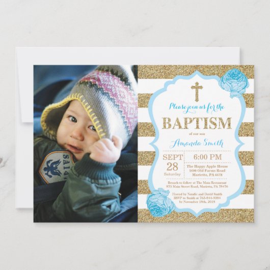 Blue and Gold Glitter Baptism Invitation Kaart (Voorkant)