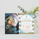 Blue and Gold Glitter Baptism Invitation Kaart (Staand voorkant)
