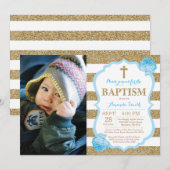 Blue and Gold Glitter Baptism Invitation Kaart (Voorkant / Achterkant)