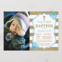 Blue and Gold Glitter Baptism Invitation