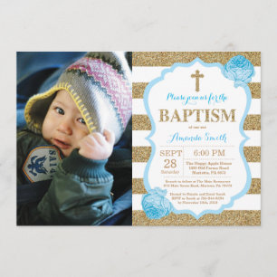 Blue and Gold Glitter Baptism Invitation Kaart