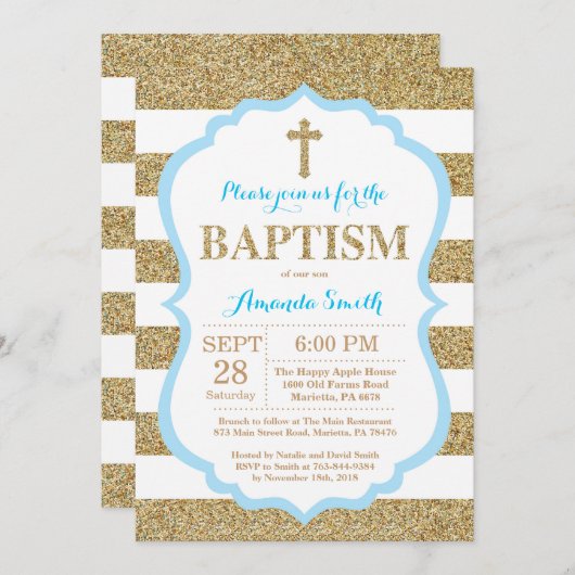 Blue and Gold Glitter Baptism Invitation Kaart (Voorkant / Achterkant)
