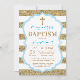 Blue and Gold Glitter Baptism Invitation Kaart