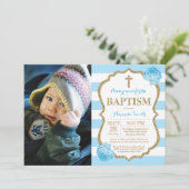 Blue and Gold Glitter Baptism Invitation Kaart (Staand voorkant)