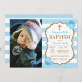 Blue and Gold Glitter Baptism Invitation Kaart (Voorkant / Achterkant)