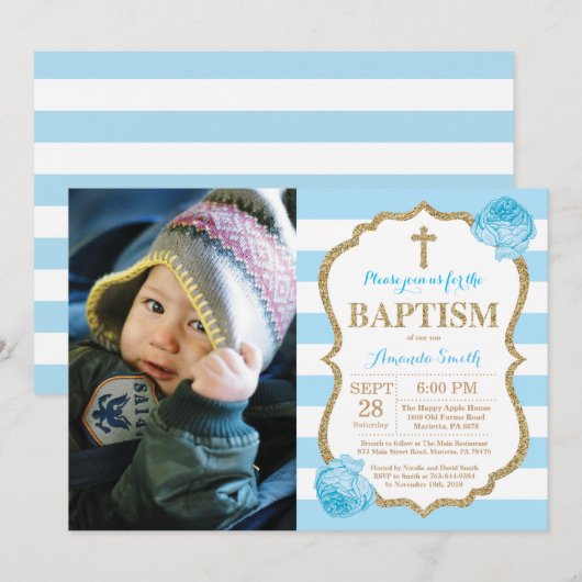Blue and Gold Glitter Baptism Invitation Kaart (Voorkant / Achterkant)