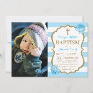 Blue and Gold Glitter Baptism Invitation Kaart
