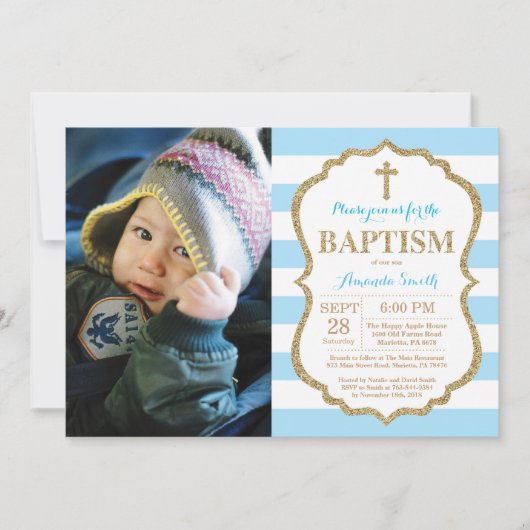 Blue and Gold Glitter Baptism Invitation Kaart (Voorkant)