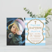 Blue and Gold Glitter Baptism Invitation Kaart (Staand voorkant)