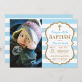 Blue and Gold Glitter Baptism Invitation Kaart (Voorkant / Achterkant)