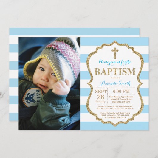 Blue and Gold Glitter Baptism Invitation Kaart (Voorkant / Achterkant)