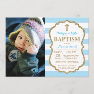 Blue and Gold Glitter Baptism Invitation Kaart