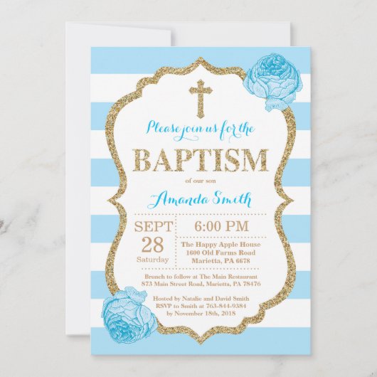 Blue and Gold Glitter Baptism Invitation Kaart (Voorkant)
