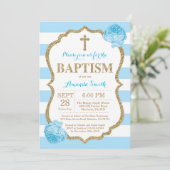 Blue and Gold Glitter Baptism Invitation Kaart (Staand voorkant)
