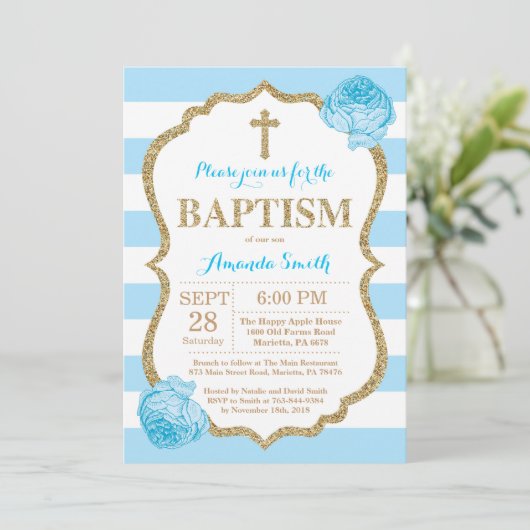 Blue and Gold Glitter Baptism Invitation Kaart (Staand voorkant)