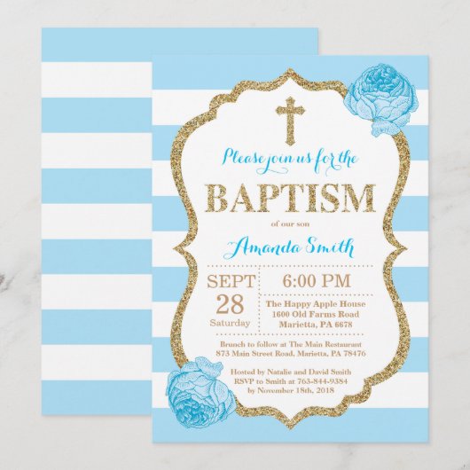 Blue and Gold Glitter Baptism Invitation Kaart (Voorkant / Achterkant)