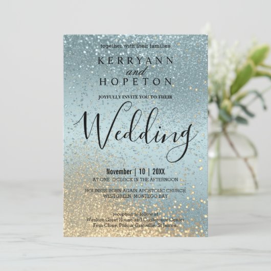 Blue and Gold Glitter Invitation Kaart (Staand voorkant)