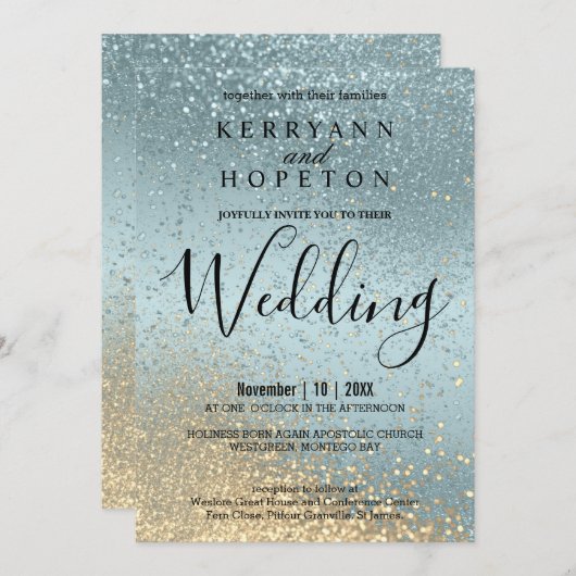 Blue and Gold Glitter Invitation Kaart (Voorkant / Achterkant)
