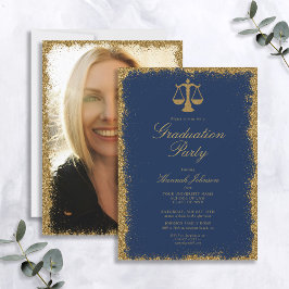 Blue and Gold Glitter Law School Photo Afstuderen Kaart