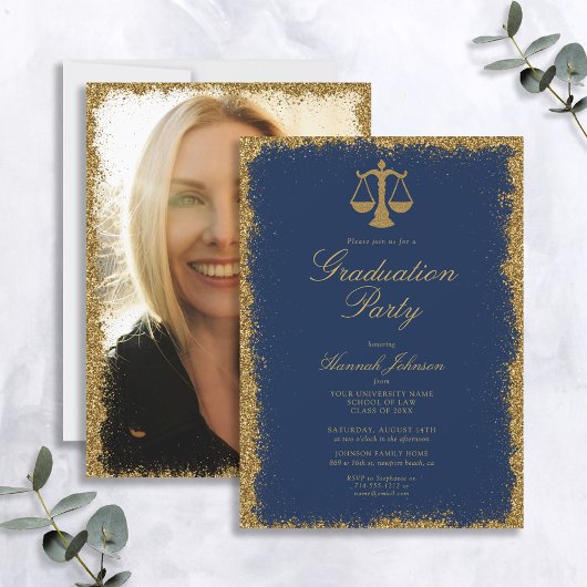 Blue and Gold Glitter Law School Photo Afstuderen Kaart