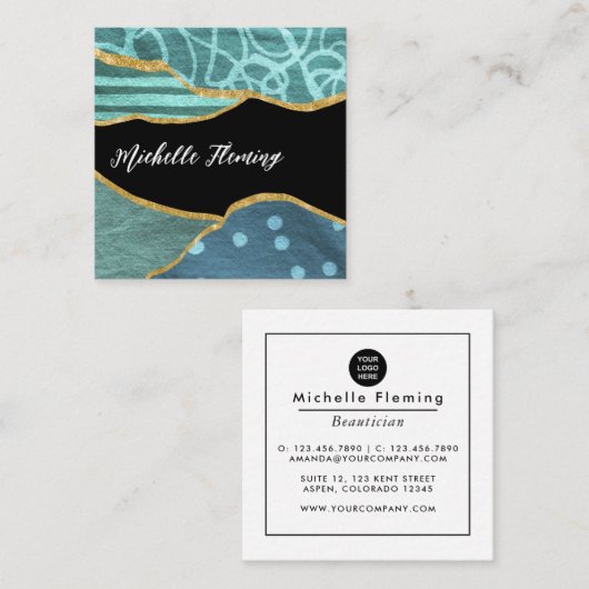 Blue and Gold Linen Fabric Denim Square Business S Vierkante Visitekaartje (Voorkant / Achterkant)