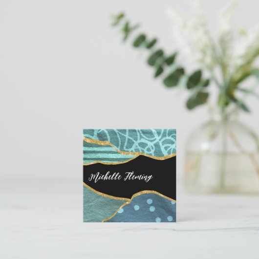 Blue and Gold Linen Fabric Denim Square Business S Vierkante Visitekaartje (Staand voorkant)