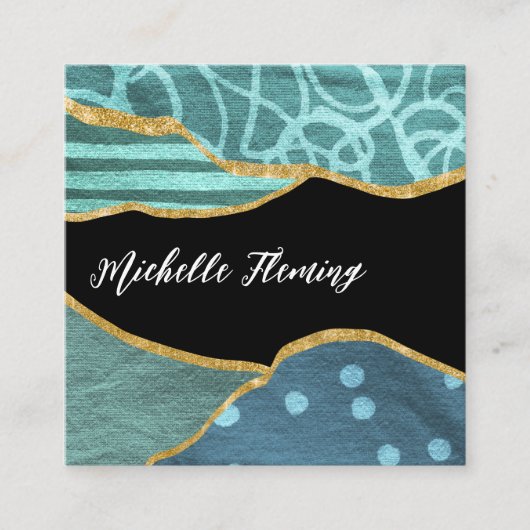 Blue and Gold Linen Fabric Denim Square Business S Vierkante Visitekaartje (Voorkant)