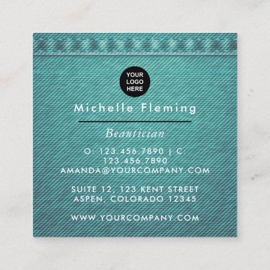 Blue and Gold Linen Fabric Denim Square Business Vierkante Visitekaartje (Achterkant)