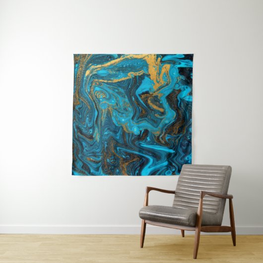 Blue and gold marbling pattern. Golden marble liqu Wandkleed (In Situ (horizontaal))