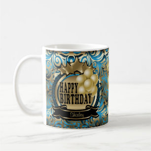 Blue and Gold Metallic Happy 00th Birthday Star Koffiemok
