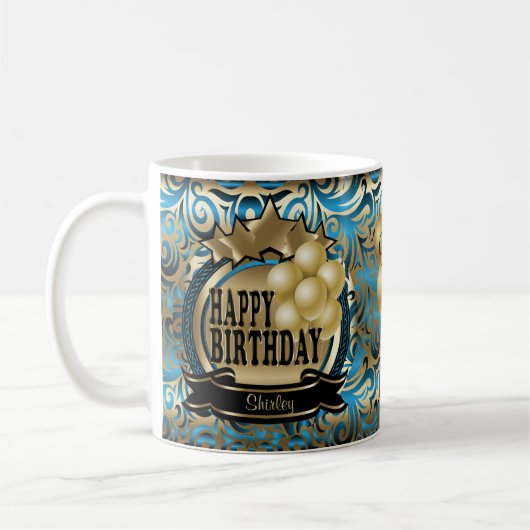 Blue and Gold Metallic Happy 00th Birthday Star Koffiemok (Links)