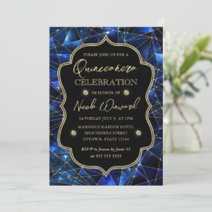 Blue and Gold Midnight Crystal Galaxy Quinceanera Kaart