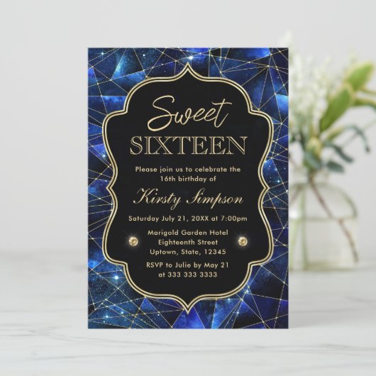 Blue and Gold Midnight Crystal Galaxy Sweet 16 Kaart (Staand voorkant)