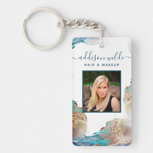 Blue and Gold Modern Liquid Waterverf Salon ID Sleutelhanger (Voorkant)