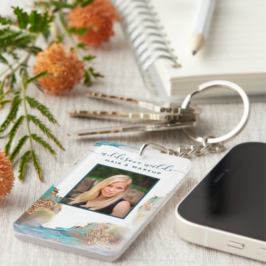 Blue and Gold Modern Liquid Waterverf Salon ID Sleutelhanger (Voorkant Rechts)