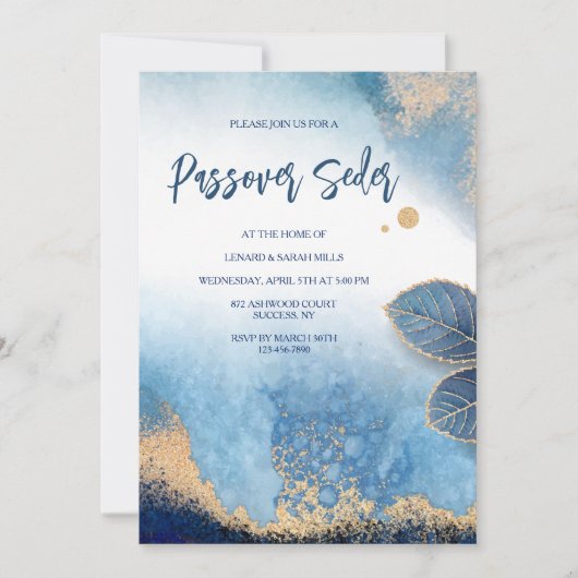Blue and Gold Modern Passover Invitation Kaart (Voorkant)