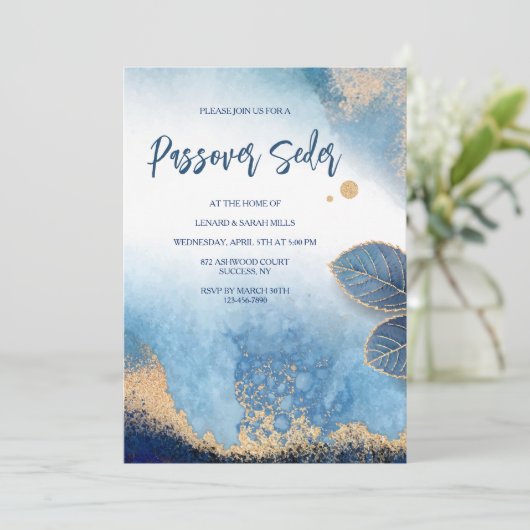 Blue and Gold Modern Passover Invitation Kaart (Staand voorkant)