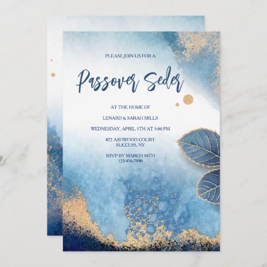 Blue and Gold Modern Passover Invitation Kaart (Voorkant / Achterkant)