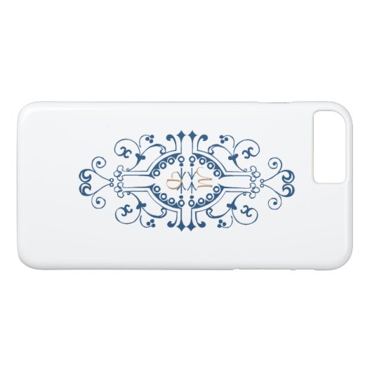 Blue and Gold Monogram iPhone Case (Achterkant (Horizontaal))