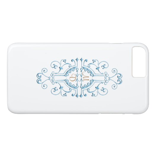 Blue and Gold Monogram iPhone Case (Achterkant (Horizontaal))