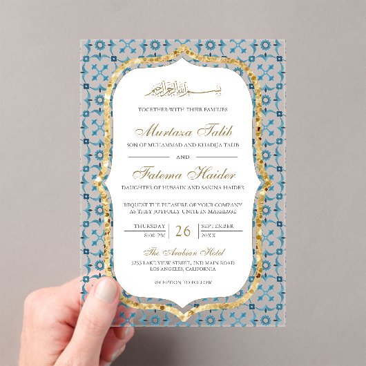 Blue and Gold Moroccan Tile Islamic Wedding  Acryl Uitnodigingen (Insitu (Draagbaar))