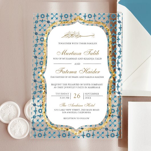 Blue and Gold Moroccan Tile Islamic Wedding  Acryl Uitnodigingen
