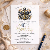 Blue and Gold Nautical Bow Anchor 40th Birthday Kaart